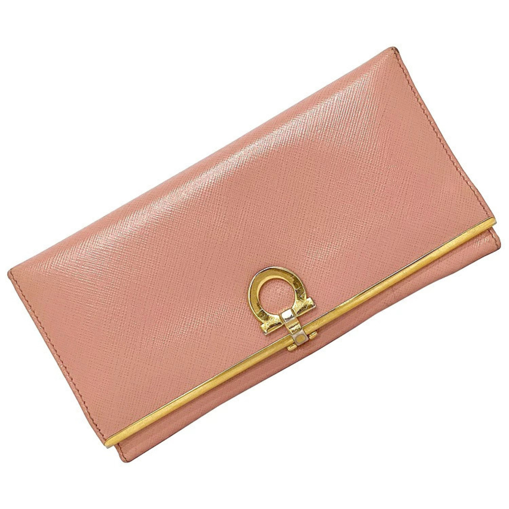 Salvatore Ferragamo Bifold Long Wallet Gancini Leather Clip Salmon Pink Gold